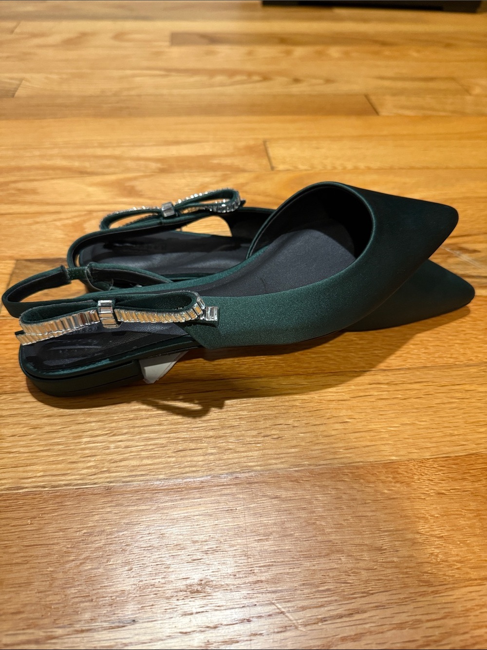 Ted Baker London Emerald Green Pointed Slingback Flats with Rhinestone Bow
